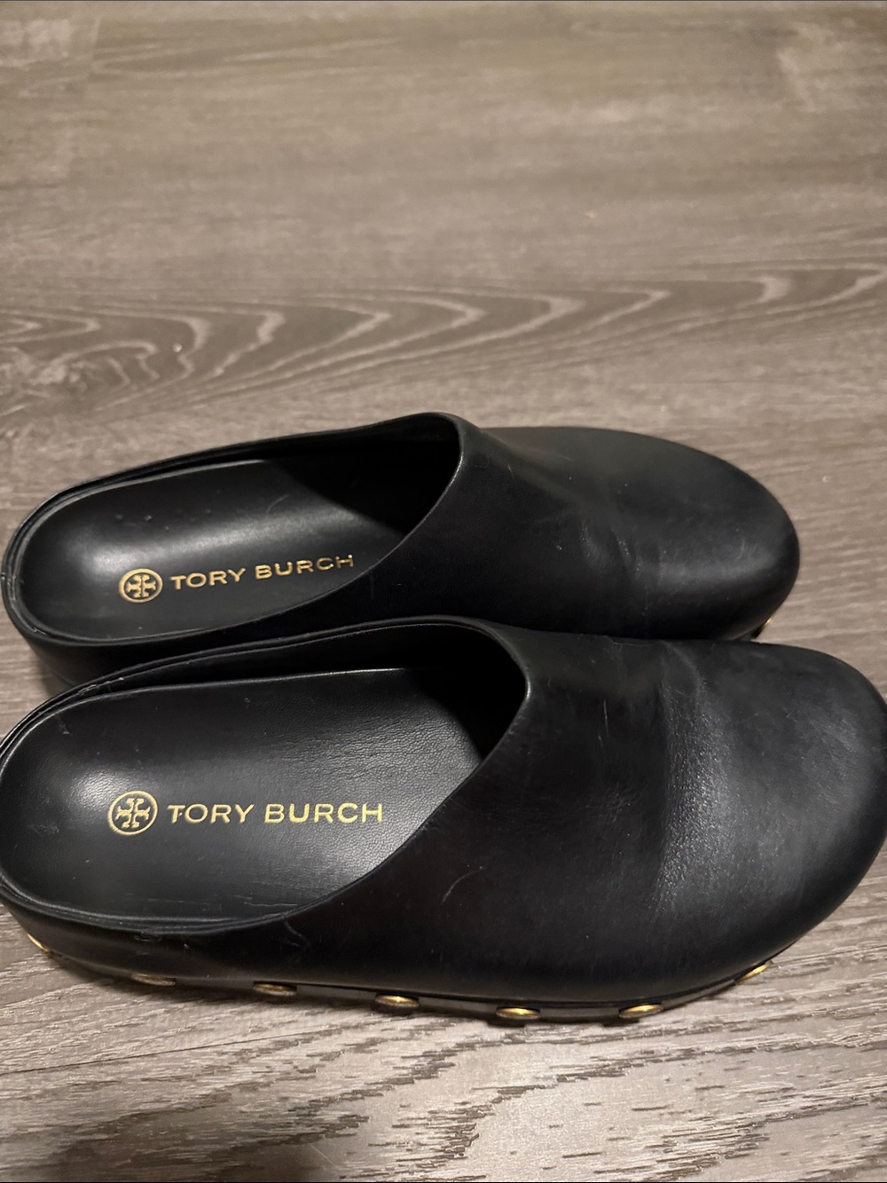 Tory Burch Black Leather Slip-On Mules with Gold Accents - Picture 2 of 8
